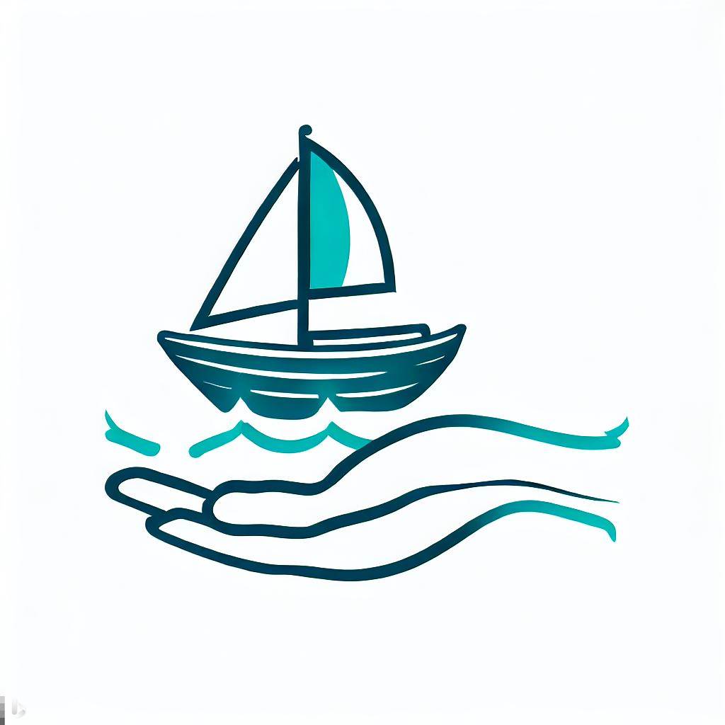 Logo with a hand shaped like a wave with boat floating on top